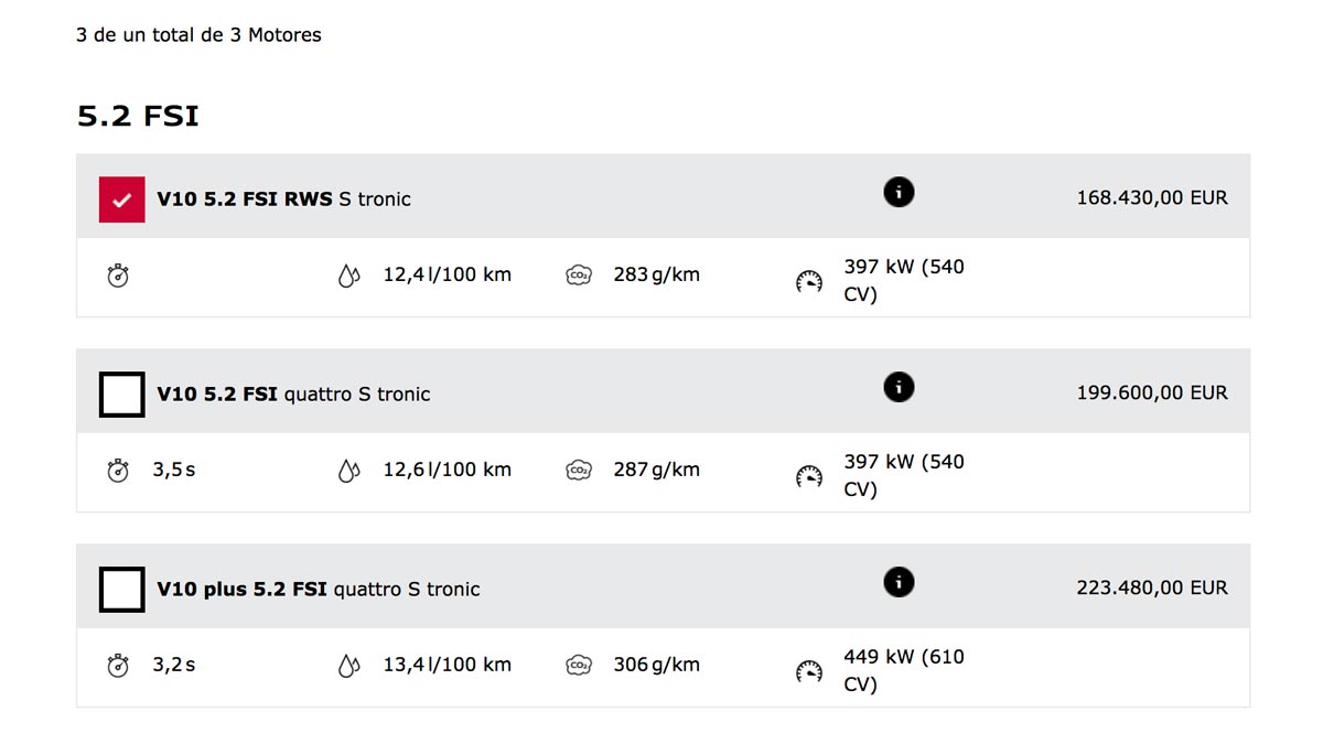 Precio Audi R8 RWS motor motores v10 lujo deportivo