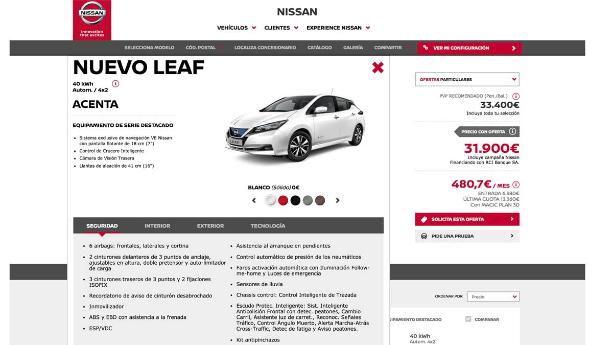 Precio Nissan Leaf Configurador coches electricos electrico oferta promocion