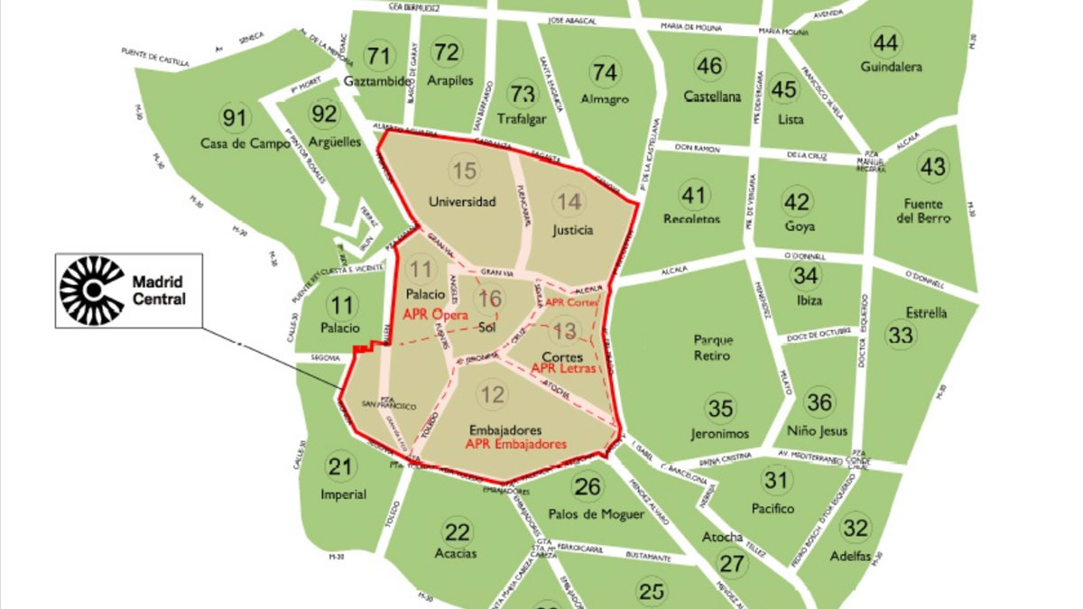 Mapa Madrid Central emisiones contaminacion restricciones trafico