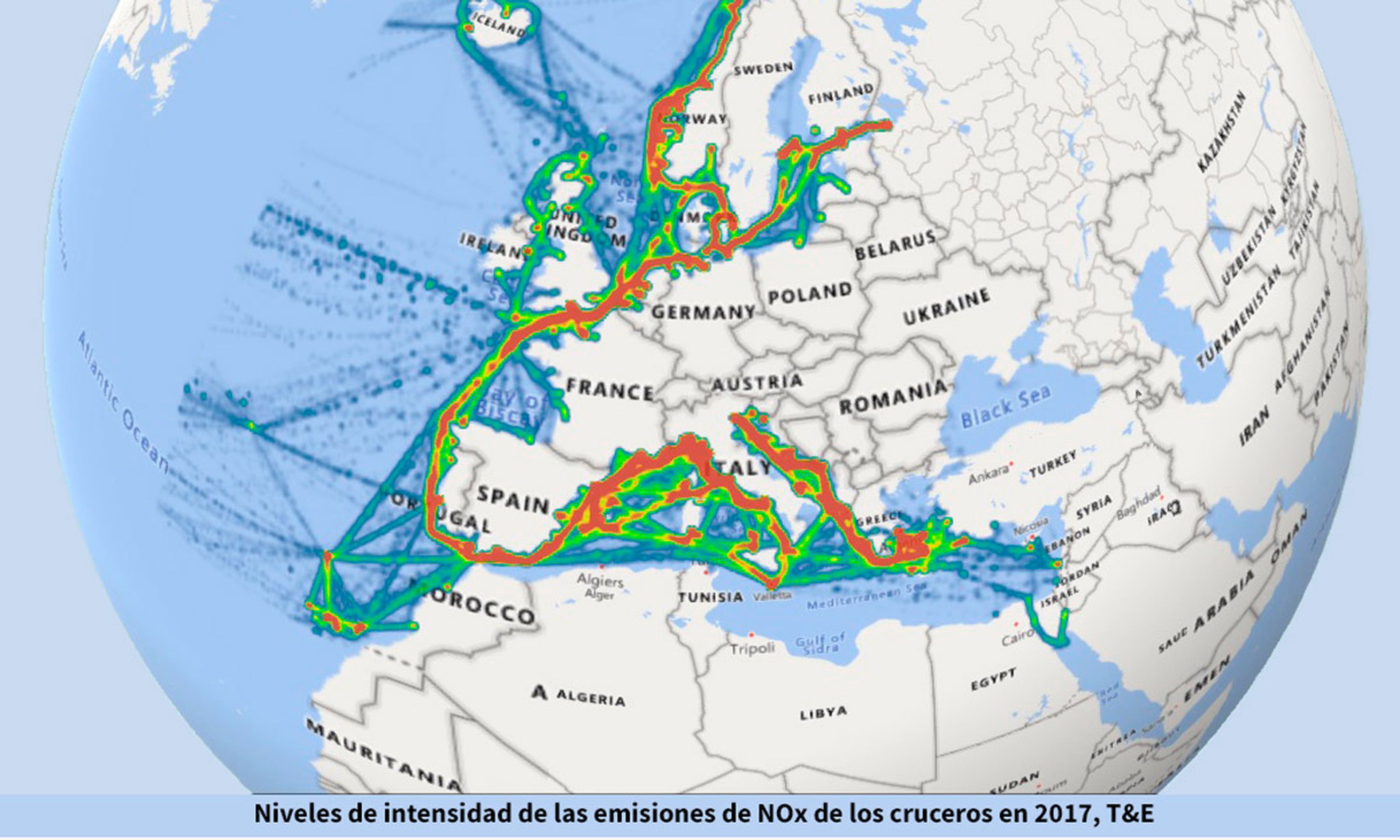 Ruta de la mayoría de los cruceros europeos y emisiones de NOx.