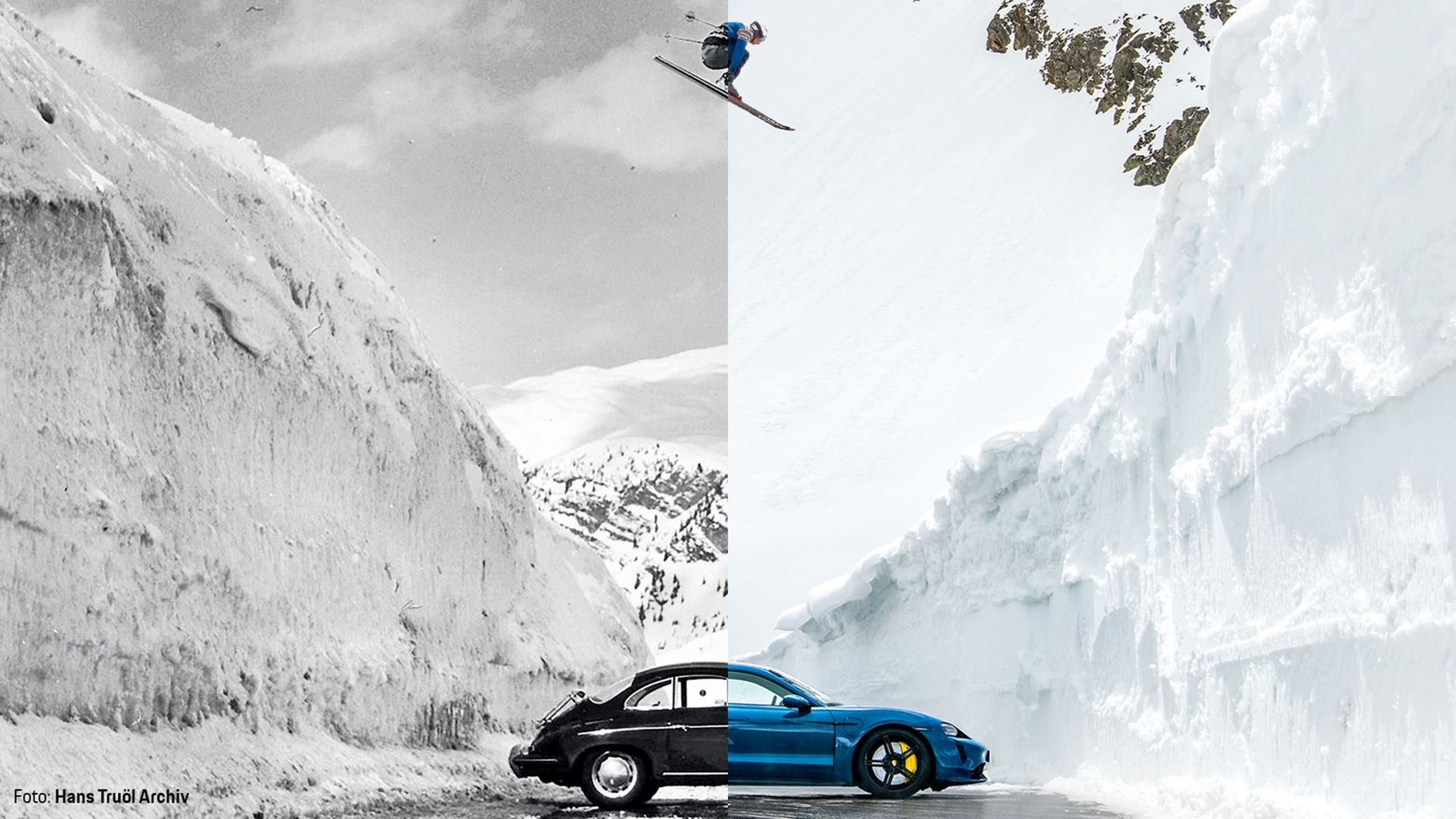 Combinación de la fotografía 'El Salto' y su reinterpretación, de Porsche
