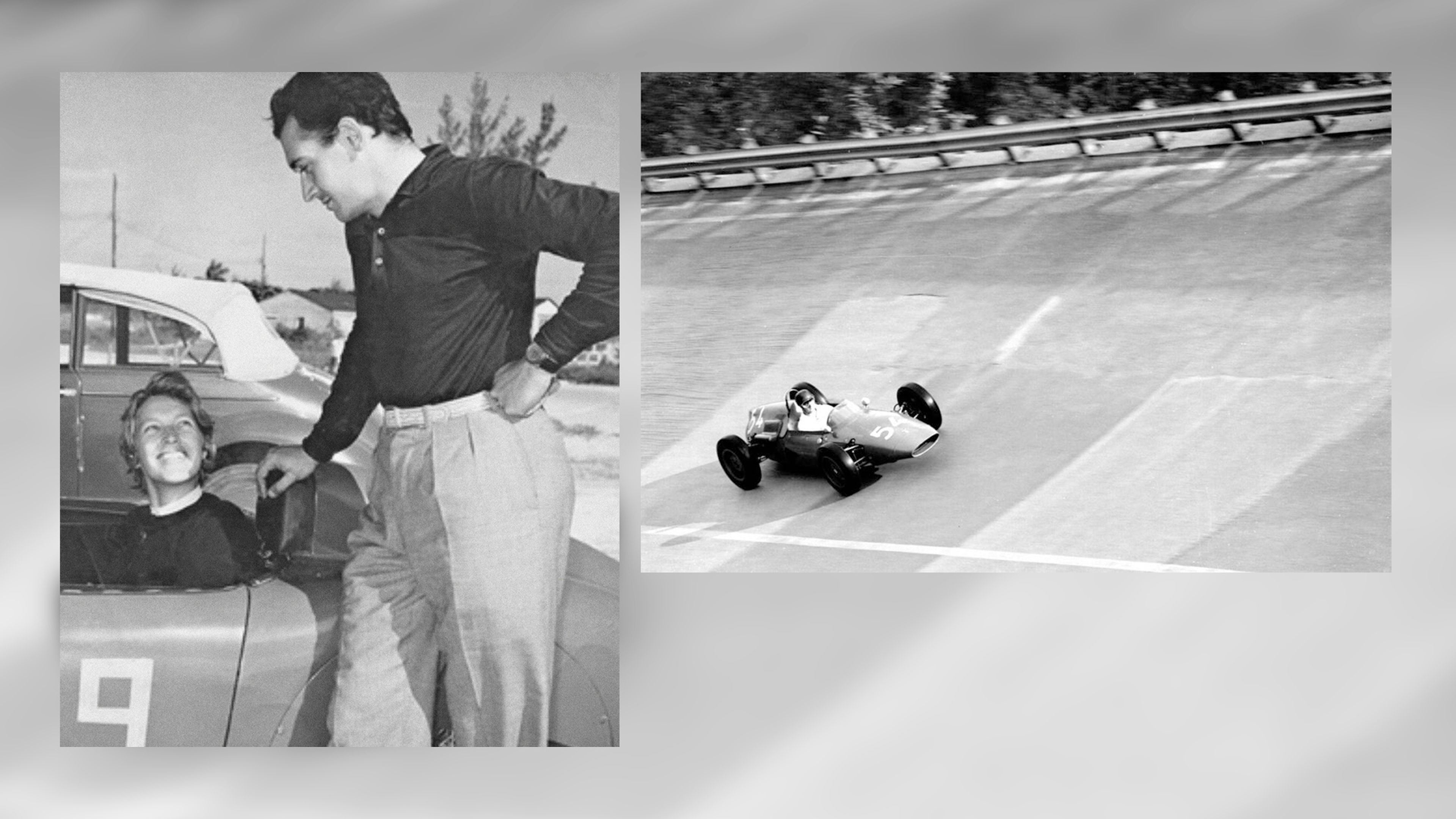 Alejandro de Tomaso e Isabelle (izquierda) y De Tomaso corriendo en Monza, 1961 (derecha).