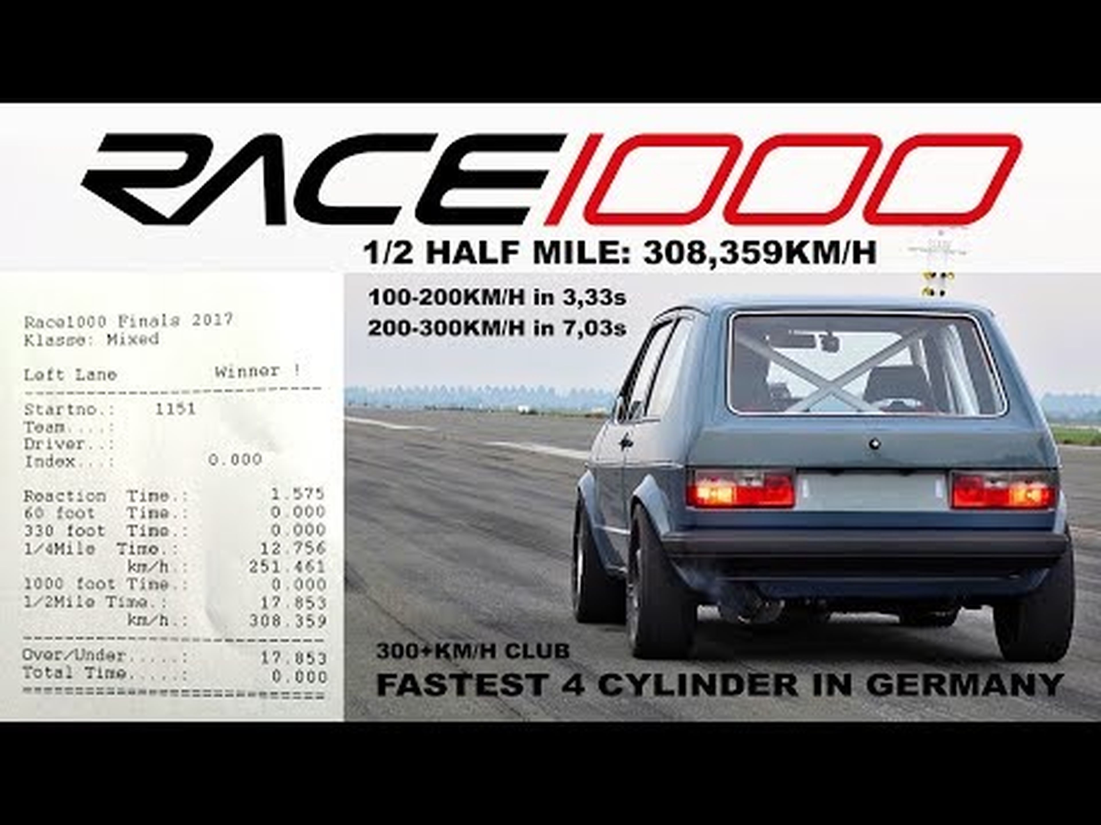 VW Golf Mk1 AWD 1000+HP RACE 1000 Half Mile 308kmh 2017