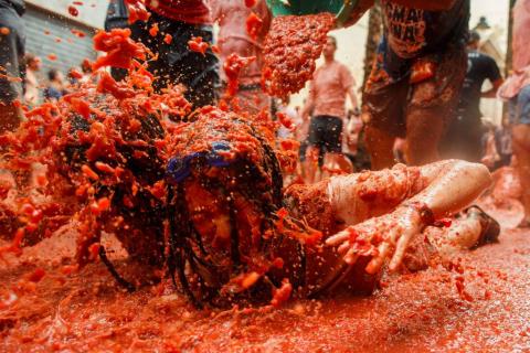 In Spain, revelers are covered from head to toe in tomatoes at La Tomatina festival. In Spain, revelers are covered from head to toe in tomatoes at La Tomatina festival.